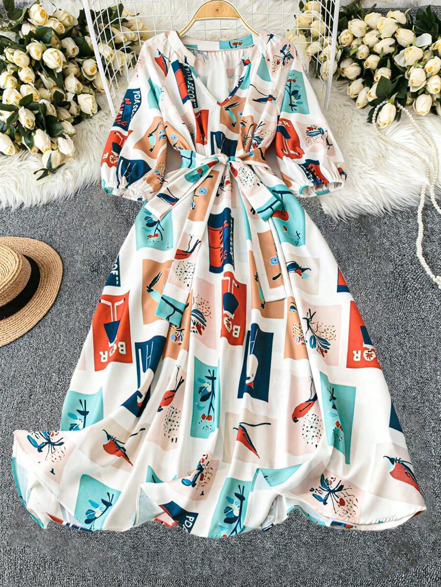 SHEIN LUNE Plus Size Elegant Chic Colorful Print V-Neck Midi Dress With Belt, Slimming Design - Multicolor - View 1