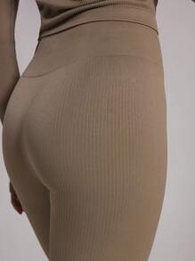 Musera Sport Seamless Sculpt High Rise Ribbed Capri Leggings Sport Active Workout Gym ,Padel, Tennis, Pickleball Gym Fitness - Brown - View 5