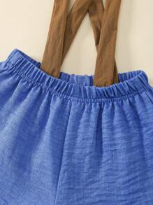 SHEIN 2Pcs/Set Young Boys Gentleman's Style Shirt Collar Bow Tie Decoration Versatile Solid Short Sleeve Top + Elastic Waist Straight Solid Outdoor Casual Shorts