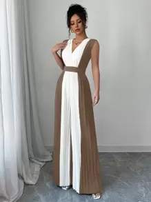 Elenzga 女士 V 领褶皱腰阔腿休闲连身裤，优雅通勤和度假装 - 棕色 - 查看 5