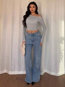 Elenzga Neuer asymmetrischer Kragen Langarm T-Shirt für Frühling & Herbst, sexy und elegante kurze aprikotfarbene Bluse für Frauen