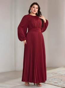 Veilorie 大码女式纯色圆领灯笼袖褶边阿拉伯风格连衣裙