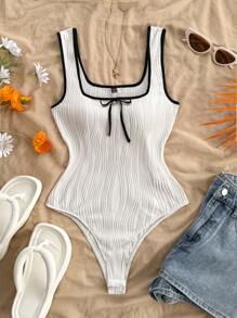 Soleia 新款系带蝴蝶结针织紧身衣，优雅双色度假和休闲修身紧身衣，春假、圣帕特里克节、复活节女士礼服、音乐会女士服装、优雅、度假、商务休闲女士、西方、可爱、波西米亚风、乡村、端庄、街头服饰、热带、辣妹、花卉、露背、收腹泳衣 - 白色 - 查看 5