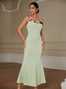 Chiquease فستان مزين بالورود الرومانسية، كنزة طويلة ضيقة مع أربطة رفيعة - أخضر - مشاهدة 5