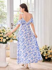 SHEIN Girlism Vestido sin mangas con estampado floral azul y blanco y volantes en el bajo, adecuado para festivales, fiestas, temporada de regreso a clases, ceremonias de graduación, damas de honor, bodas, invitados de boda, elegante