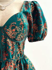 Sweetra Plus Size Elegant Floral Print Puff Sleeve Blouse Elegant Exquisite - Dark Green - View 2