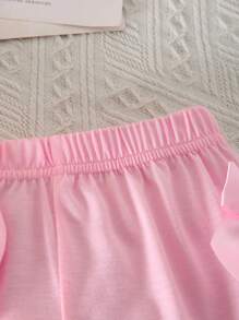 SHEIN 2pcs/Set Young Girl Casual Cute Daily Wear, Round Neck Short Sleeve Cropped T-Shirt With 3D Bow Decor And Elastic Waist Shorts - Pink - View 5