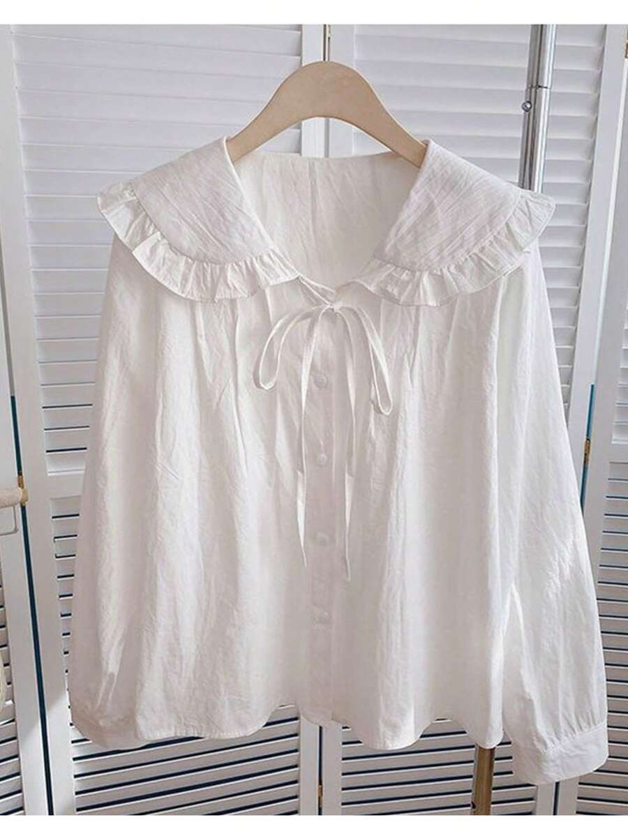 Plus Size Women's Solid Color Turndown Collar Tie-Front Lantern Sleeve Ruffle Hem Blouse, Spring/Summer Fall Cloth For Women - White - View 1