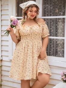 SHEIN VCAY Plus Size Off-Shoulder Short Sleeve Mini Ditsy Floral Dress Summer Wedding Guest Dress Women Dresses For Women Elegant Birthday Dresses For Women Sundress Backless Dress Floral Off The Shoulder Vacation Outfits Woman Beach Spring Boho Rave Outfits Cottagecore Brunch Outfits For Women Fairycore Old Money Tropical Vacation Woman Clothes Tropical Casual Elegant - Multicolor - View 4