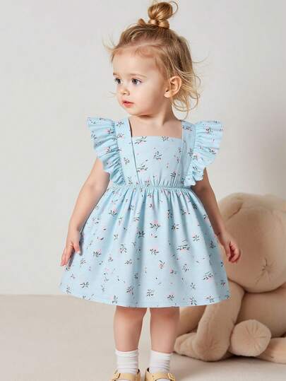 SHEIN 1 pièce Robe à volants à col carré à fleurs Ditsy pour bébé garçon, manches courtes, style princesse sweet, taille haute, décontractée. Se porte avec des sandales, nouvelle arrivée pour l'été
