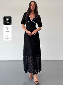 Aloruh 春夏优雅黑色蕾丝深 V 撞色边泡泡袖超长修腰连衣裙 - 黑色 - 查看 7