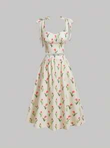 SHEIN Leap Crew Tween Girl Elegant Bowknot Decor Camisole & Skirt 2pcs Set - Apricot - View 1