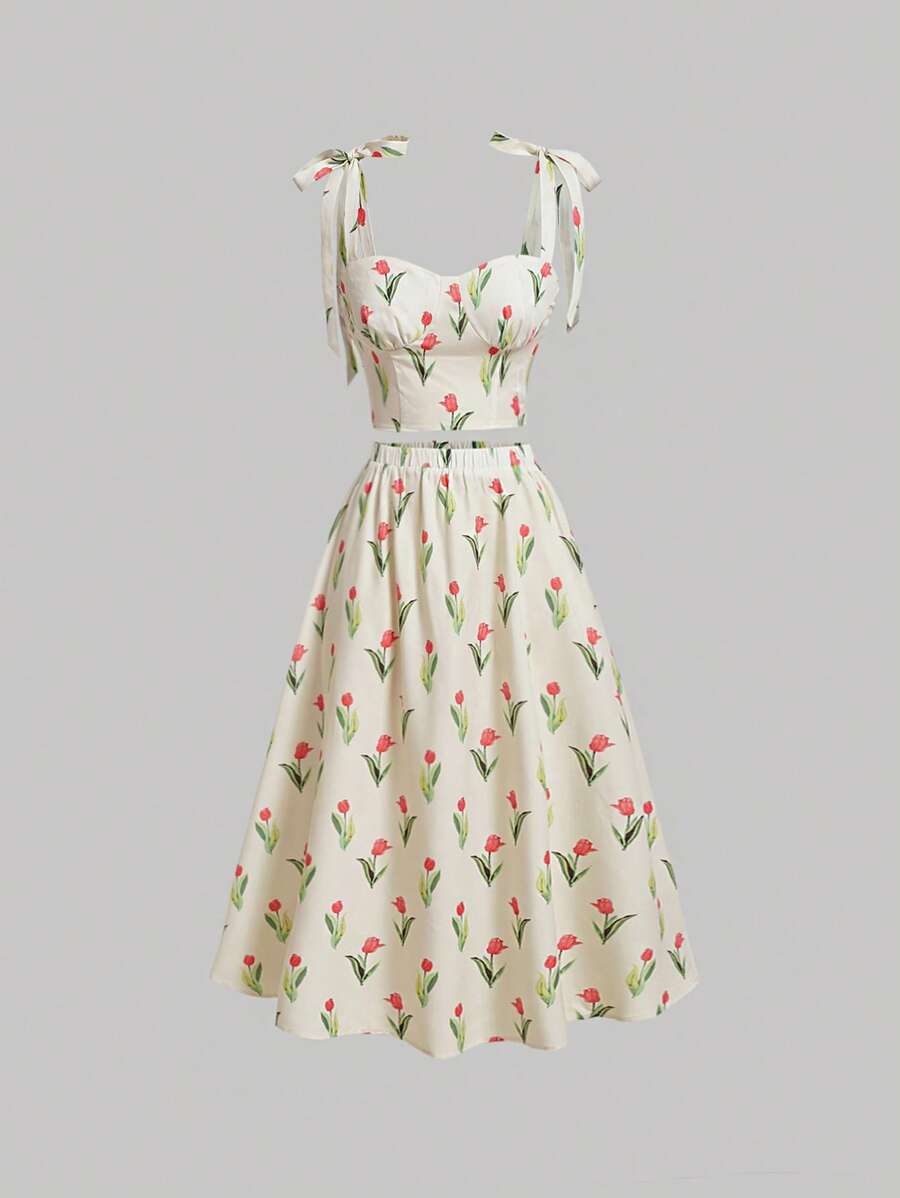 SHEIN Leap Crew Tween Girl Elegant Bowknot Decor Camisole & Skirt 2pcs Set - Apricot - View 1