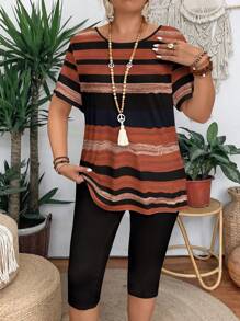 休闲拼色条纹圆领短袖图案 T 恤和紧身裤两件套，适合大码女士，夏季休闲女装，适合外出 - 彩色 - 查看 3