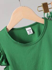 2 件套年轻女孩盖袖上衣和印花直筒裤套装，适合度假、外出和家居穿着 - 綠色 - 查看 6