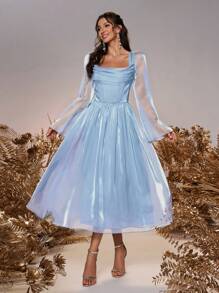 SHEIN Belle Váy Maxi dài tay màu xám-xanh lá cây thanh lịch & sang trọng, cổ xếp nếp, eo cao, viền thấp, thích hợp cho đám cưới, tiệc đơn, kỳ nghỉ, phù dâu (người lớn) - Màu xanh nhạt - Xem 5