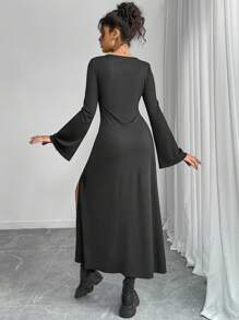 Women Long Sleeve Solid Color Dress, Minimalist Style Suitable For Summer Fall Cloth For Women - Black - View 2