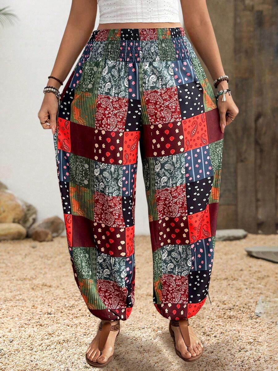 Breezaya Plus Size Women's Spring & Summer Floral Print Drawstring Waist Wide Leg Harem Pants - Multicolor - View 1