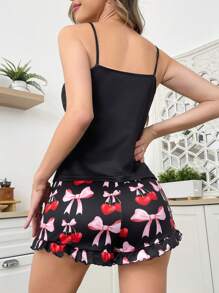 Cherry Bow Decor Strap Women Pajamas Set Bowknot - Black - View 2