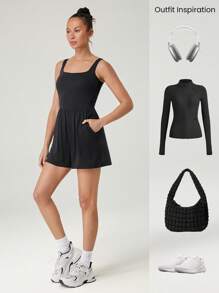 GLOWMODE 4.3 英寸莫代尔丝滑阔腿可调节紧身连体裤带侧袋日常休闲装可拆卸罩杯 - 黑色 - 查看 7