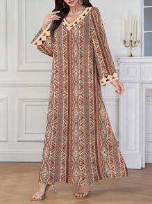 Al Najma Women Geometric Print V-Neck Long Sleeve Dress,Modest - Multicolor - View 4