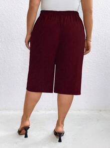 Linhara Plus Size Women Solid Color Elastic Waist Pockets Casual Capri Pants