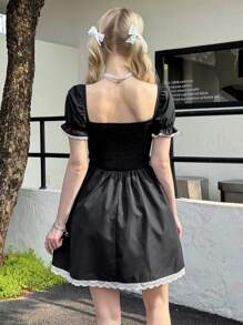 SHEIN Teen Girl's Black Elegant Square Neck Puff Sleeve Ruffle Trim Color Block Skater Dress - Black - View 3