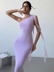 Firerie 情人节新款优雅浪漫约会紫色单肩系带水母长款飘逸裹身褶皱修身长裙