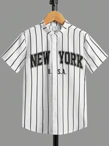 SHEIN 青少年男孩休闲条纹字母印花短袖衬衫