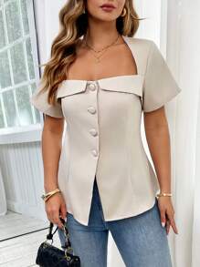 SHEIN Unity 大码女式法式优雅办公室淑女风格梯形领方领前襟纽扣装饰腰线褶皱 A 字下摆短袖衬衫，春夏