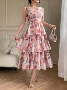 DAZY Vestido midi con cuello en V floral y sin mangas, con volantes, para mujer