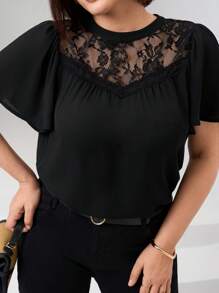 SHEIN Clasi Plus Size Solid Color Elegant Lace Patchwork Loose Blouse,Suitable For Workplace, Afternoon Tea, Date, Concert, Party, Retro College Style, Elegant Blouses For Women, Lace Tops For Women