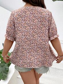 SHEIN CURVE+ 大码女式浪漫碎花系带蝴蝶结衬衫，优雅度假风格衬衫，春夏 - 彩色 - 查看 2