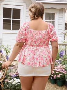 SHEIN VCAY Camisa de talla grande con cuello corazón, manga linterna y estampado floral