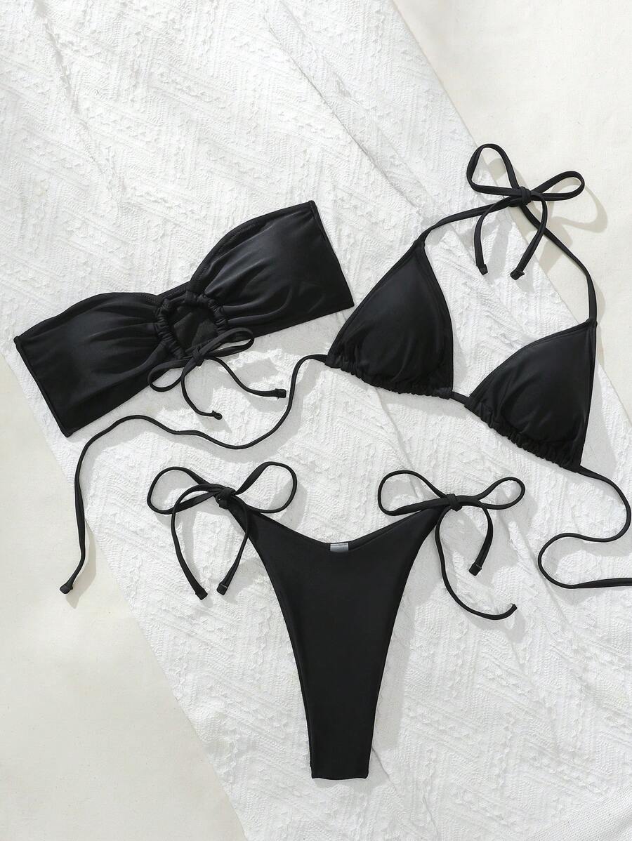 Swim Basics SS2025 Women Spring/Summer Beach Swimwear, Solid Colour Swimwear Black Bikini 3 Pieces Set, Beachwear Outfit, Basic Casual Style Bikini Sets - Black - View 1
