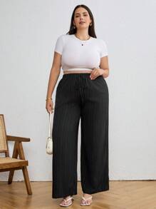 SHEIN Tall CURVE Pantalones capri anchos de verano informales con textura talla grande - Negro - Ver 6