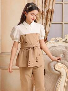 SHEIN Tween Girl Elegant Color Block Puff Sleeve Shirt And Long Pants 2 Pieces Set - Khaki - View 3