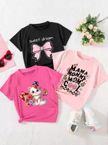 Baby Girl Simple Pattern Short Sleeve Round Neck T-Shirt, Casual Style Suitable For Summer - Multicolor - View 1