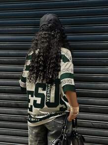 INAWLY Women's Colorblock Striped Slogan Print Crew Neck T-Shirt - Dark Green - View 2