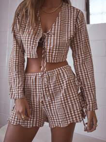 Aralina Gingham Tie Front Long Sleeve Two Pieces Summer Outfit Top And Short Set - Brown - View 3