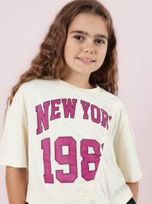 SUMWON Camiseta corta de estilo varsity, moda universitaria, deportiva, nueva Jersey de Nueva York, casual para jóvenes y adolescentes, para primavera y verano, estampado gráfico de ropa urbana - Albaricoque - Ver 3