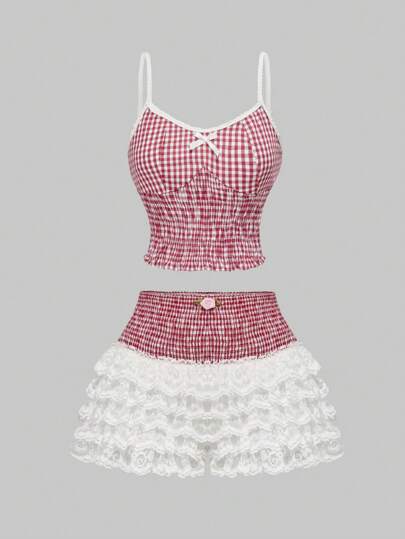 J-Fashion Plaid Top With Layered Lace Ruffle Hem Women 2Pcs Outfit, Spring Break