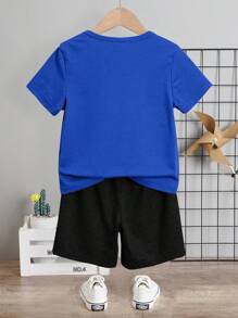 SHEIN Leap Crew 2pcs/Set Young Boy Casual Simple Short Sleeve T-Shirt And Shorts Set, Suitable For Summer - Multicolor - View 2