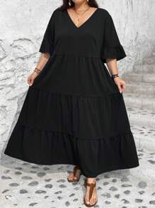 SHEIN CURVE+ Váy dài màu vàng cổ chữ V sâu tay bèo nhún cỡ lớn cho nữ trong kỳ nghỉ Boho mùa hè - màu đen - Xem 6