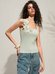 Chiquease Women's Basic Solid Color Spring/Summer Embroidered Applique Decor Square Neck Knit Tight Fitting Sleeveless Camisole Top,Summer Tops,Tank Top, - Green - View 5