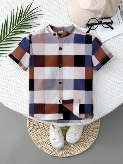 SHEIN Camisa De Manga Corta A Cuadros Con Cuello Alto Para Niño, Estilo De Uniforme Escolar