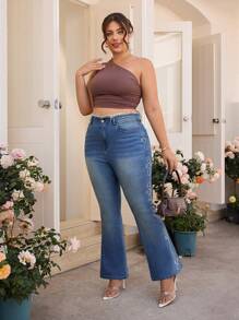 SHEIN Essnce Große Größen einfache Mode Jeans, geeignet für den Sommer - Blau - Übersicht 3