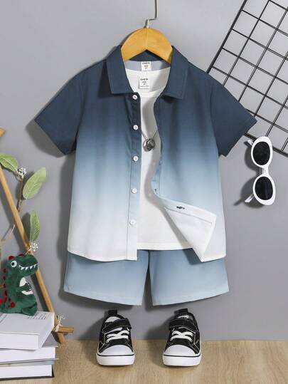 SHEIN 2pcs Young Boy Summer Casual Gradient Front Button Short Sleeve Shirt And Shorts Set