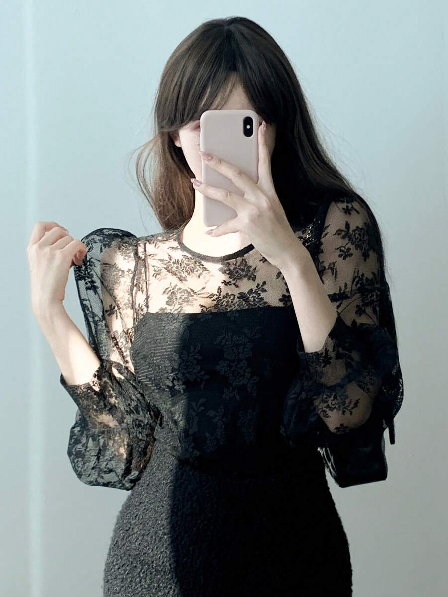 DAZY Áo cánh cổ tròn tay dài lưới rộng rãi cho nữ mùa hè - màu đen - Xem 1