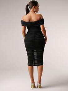 MaterniChic 2pcs/Set Maternity Off Shoulder Crop Top & Ruched Skirt Set Baby Shower Summer Outfits - Black - View 2